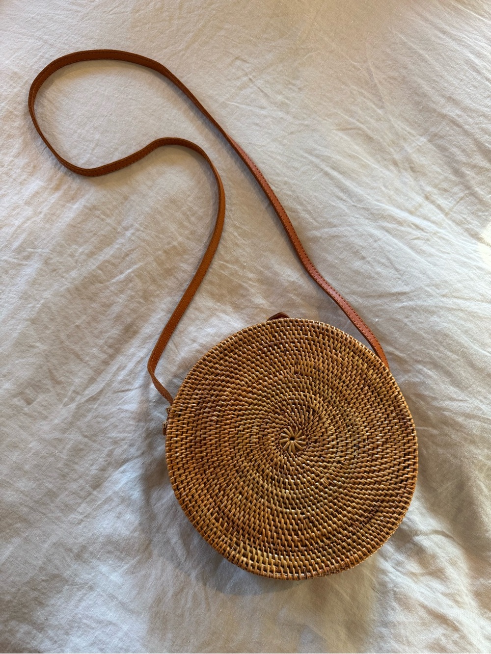Round Woven Crossbody Bag in Brown with Leather Strap